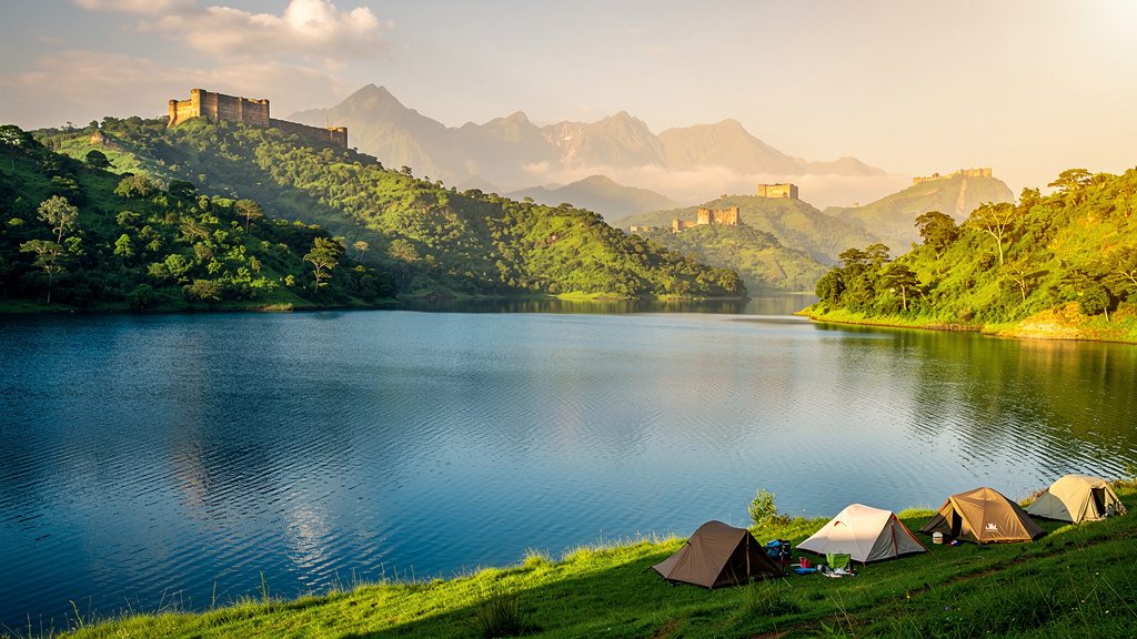 Pawna Lake with camping tents and historic forts visible on surrounding hills