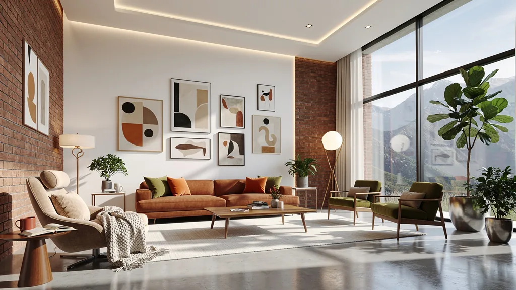 Art-filled contemporary villa interior with mountain views