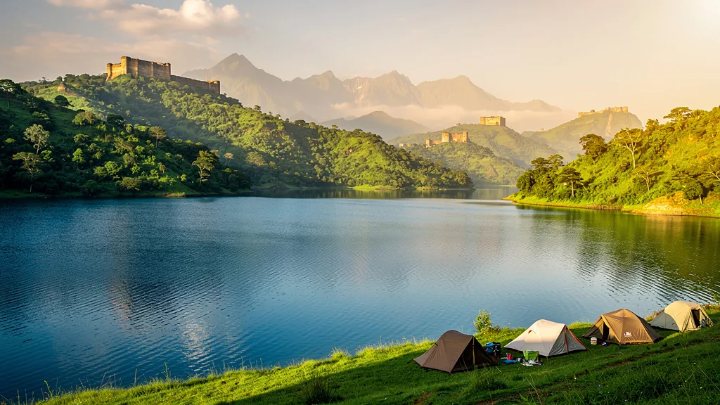 Pawna Lake with camping tents and historic forts visible on surrounding hills