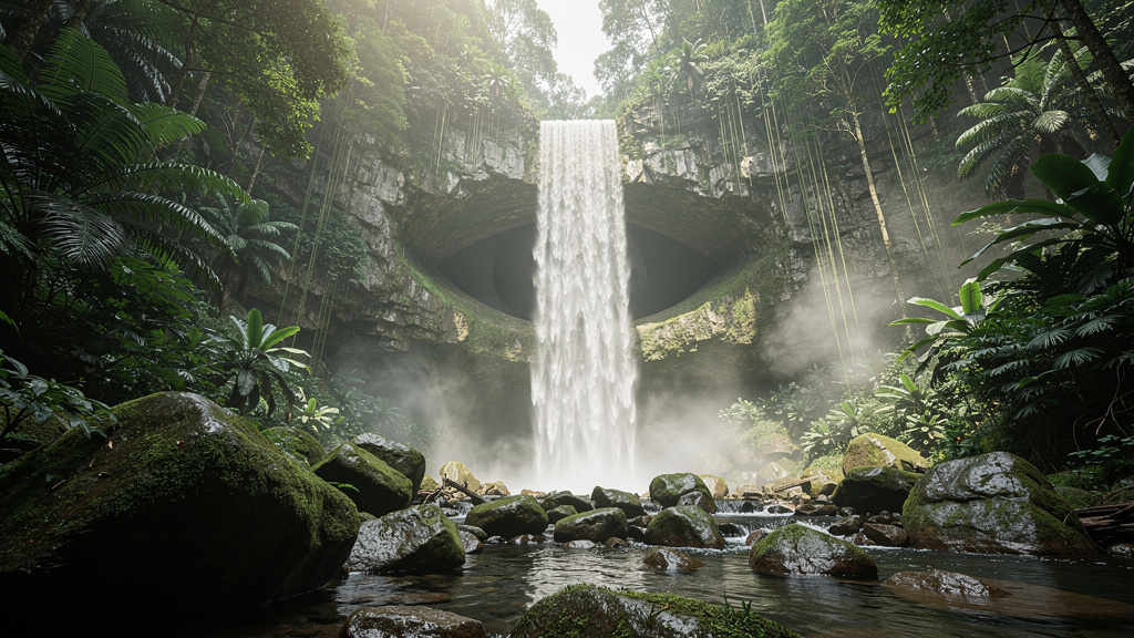 Kataldhar waterfall flowing through an eye-shaped cave opening in dense forest