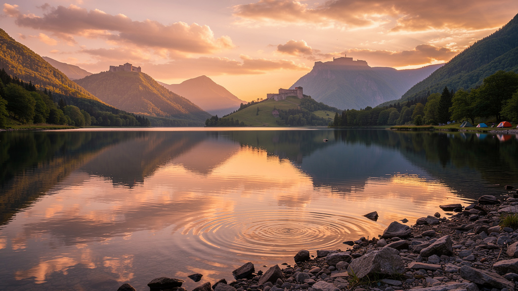 Pawna Lake at sunset with fort silhouettes on distant peaks