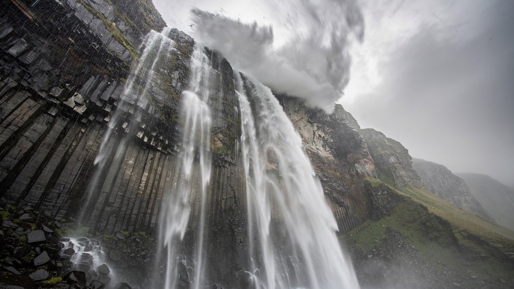 Rare reverse waterfall phenomenon with water flowing upwards due to strong monsoon winds