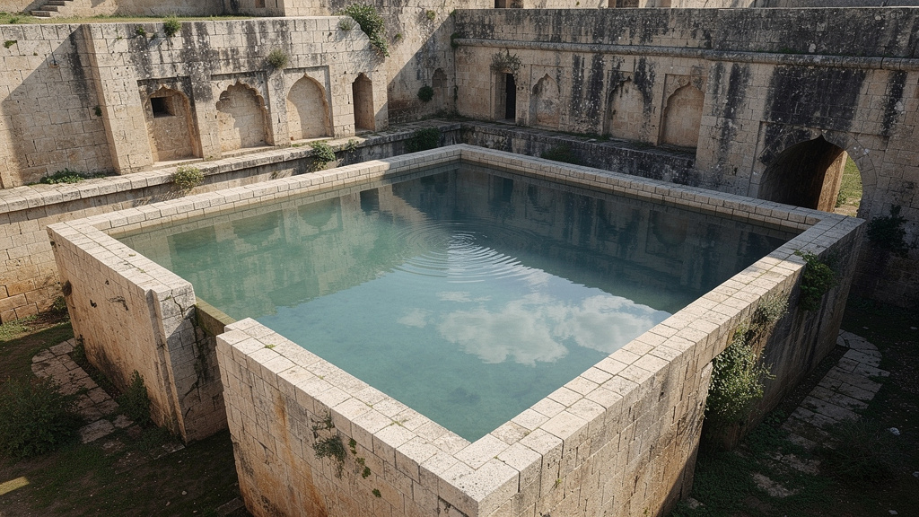 Ancient stone water cistern with clear reflective water inside fort walls