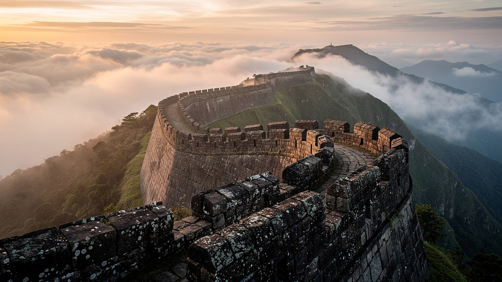 Ancient Lohagad Fort walls emerging from monsoon mist