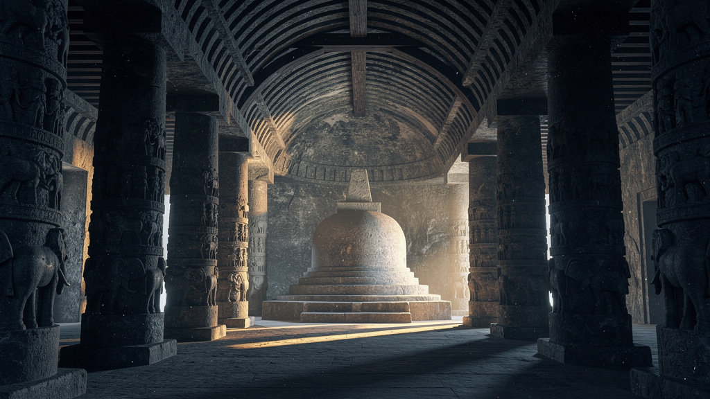 Rock-cut pillars and stupa inside Karla Caves Buddhist temple