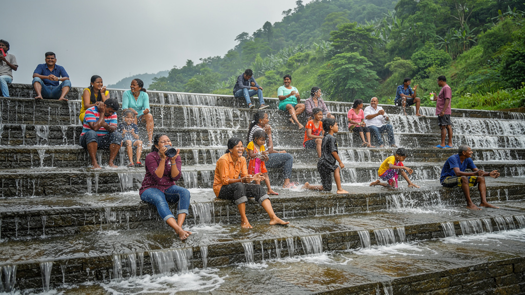 Families enjoying water flowing down Bhushi Dam steps