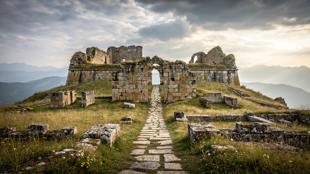 Ancient stone ruins atop Rajmachi Fort plateau