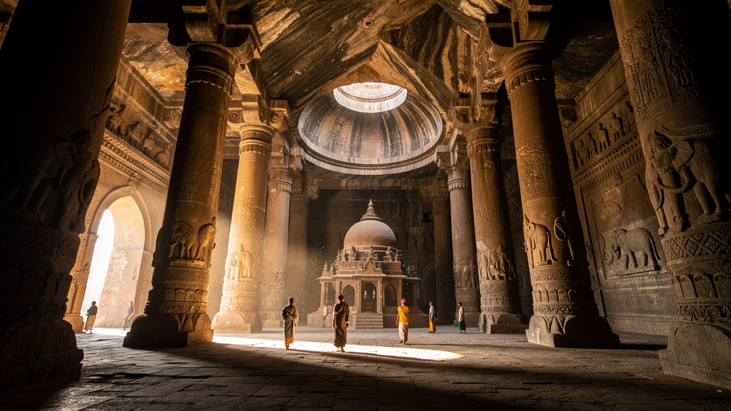 Interior of ancient Karla Caves chaitya hall with carved pillars