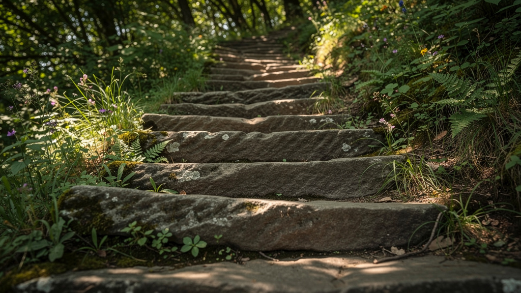 Moss-covered stone steps ascending through lush greenery to historic fort