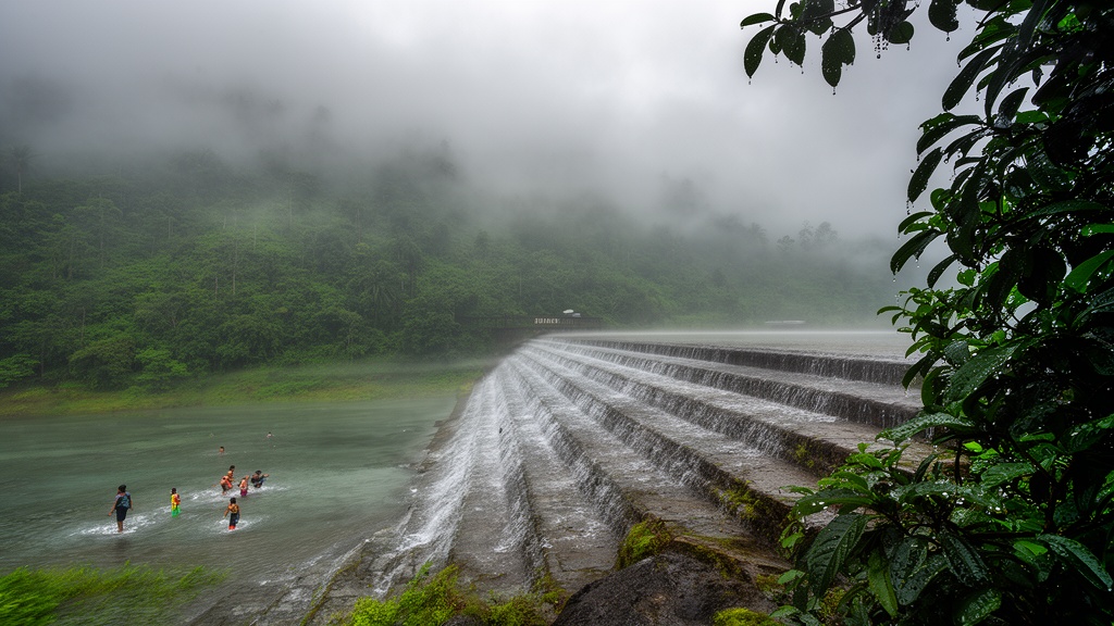 Monsoon waterfall flowing over Bhushi Dam steps with mist