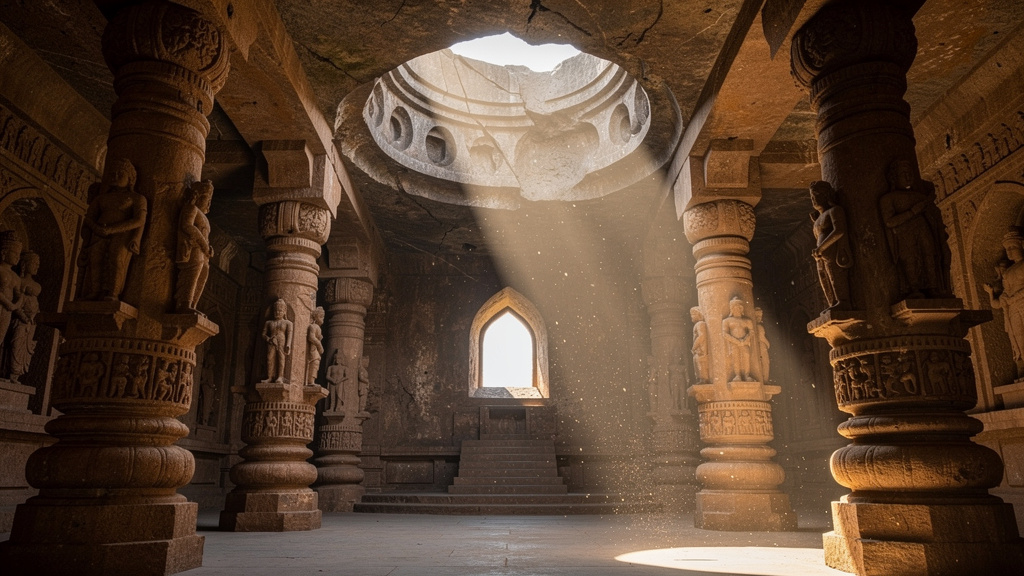 Grand rock-cut Buddhist prayer hall at Karla Caves with carved pillars