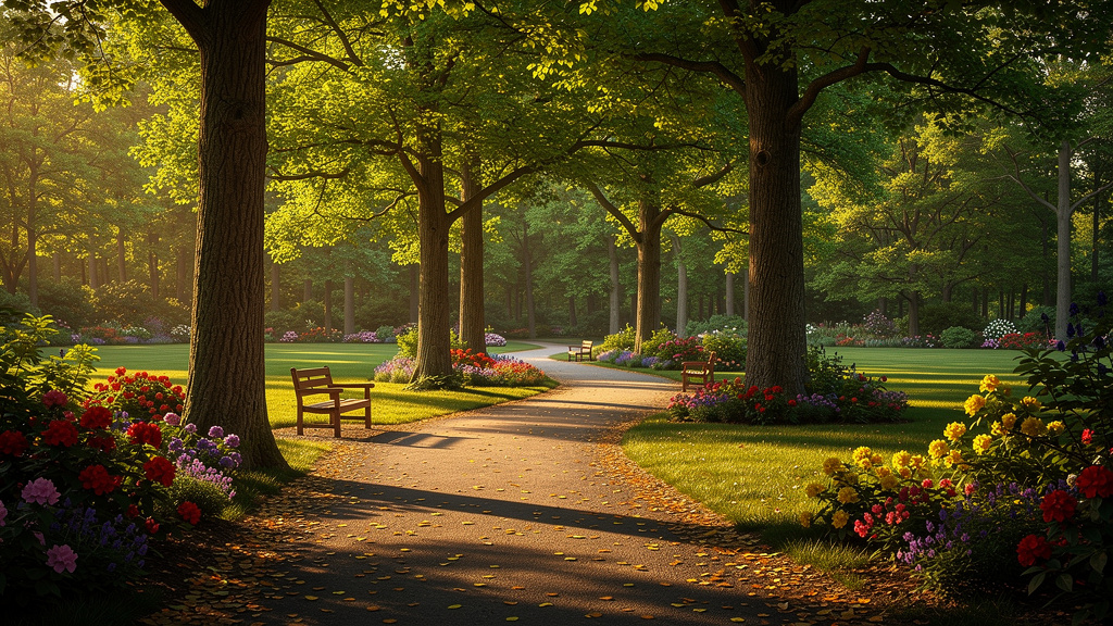 Tranquil garden path through Ryewood Park's lush greenery
