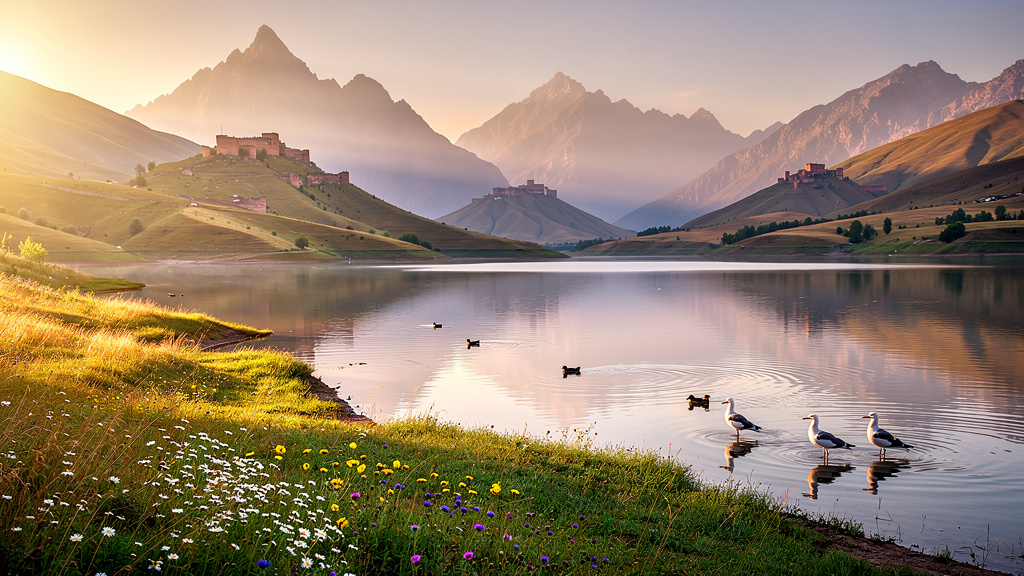 Pawna Lake at sunset with surrounding forts on hilltops